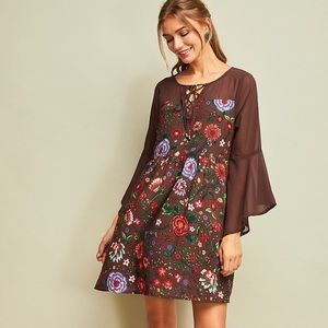 Entro Boho Cottage Peasant Brown Floral Flowy Mini Dress
